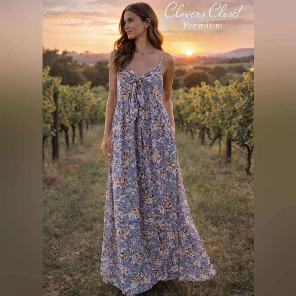 Boohoo Blue Floral Boho Maxi Dress US 12 Tie Front Sleeveless